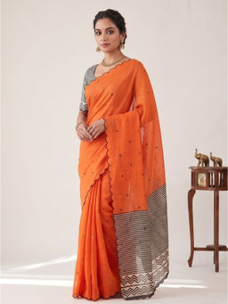 Tankori - Orange Soft Linen Cotton Printed Elegant Festive Saree with Unstitched Blouse