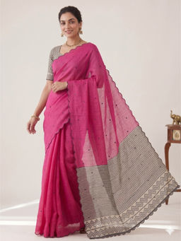 Tankori - Magenta Soft Linen Cotton Printed Elegant Festive Saree with Unstitched Blouse