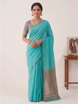 Tankori - Turquoise Soft Linen Cotton Printed Elegant Festive Saree with Unstitched Blouse