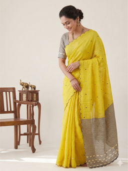 Tankori - Yellow Soft Linen Cotton Printed Elegant Festive Saree with Unstitched Blouse