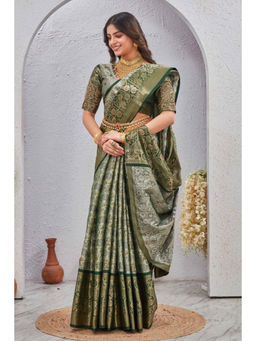 Tankori - Green T1Padma Silk Saree with Unstitched Blouse