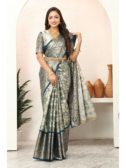 Tankori - Teal Woven Design Zari Silk Blend Designer Tissue Saree with Unstitched Blouse