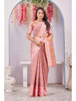 Tankori - Pink Woven Zari Silk Blend Designer Kanchipattu Saree with Unstitched Blouse