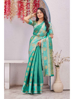Tankori - Green Woven Zari Silk Blend Designer Kanchipattu Saree with Unstitched Blouse