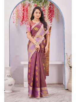 Tankori - Magenta Woven Zari Silk Blend Designer Kanchipattu Saree with Unstitched Blouse