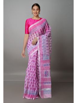 Unnati Silks - Pink Pure Block Printed Kota Cotton Saree with Unstitched Blouse