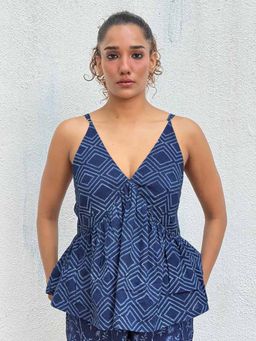 Chidiyaa - Navy Blue Kastoree Geometric Printed Cotton Top