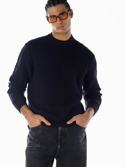 Jack & Jones - Men Solid Relaxed Fit Black Sweater