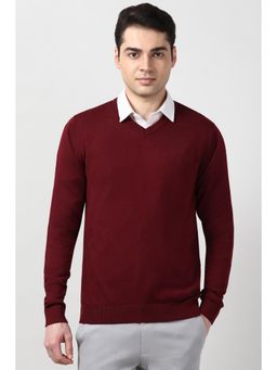Peter England - Men Maroon Solid V Neck Sweater