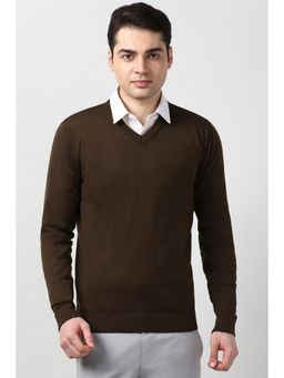 Peter England - Men Brown Solid V Neck Sweater