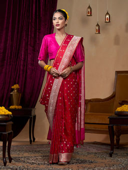 WeaverStory - Red Handloom Pure Katan Silk Tanchoi Banarasi Saree with Zari Booti