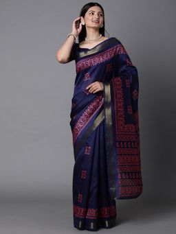 Akhilam - Womens Raw Silk Navy Blue Printed Celebrity Saree with Unstitched Blouse