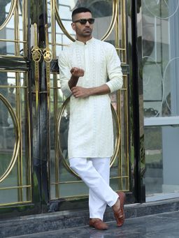 Kraft India - Cream Embroidered Regular Fit Kurta and Pyjama (Set of 2)