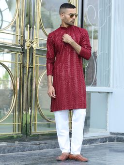 Kraft India - Maroon Embroidered Regular Fit Kurta and Pyjama (Set of 2)