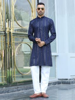 Kraft India - Navy Blue Embroidered Regular Fit Kurta and Pyjama (Set of 2)