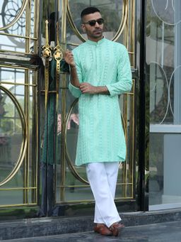 Kraft India - Green Embroidered Regular Fit Kurta and Pyjama (Set of 2)