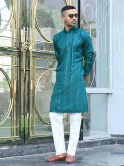 Kraft India - Teal Embroidered Regular Fit Kurta and Pyjama (Set of 2)