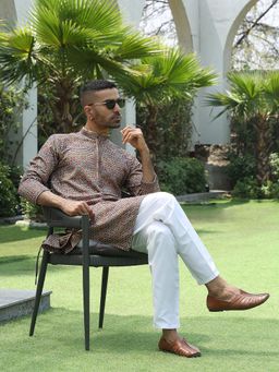 Kraft India - Beige Embroidered Regular Fit Kurta and Pyjama (Set of 2)