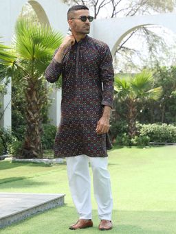 Kraft India - Black Embroidered Regular Fit Kurta and Pyjama (Set of 2)