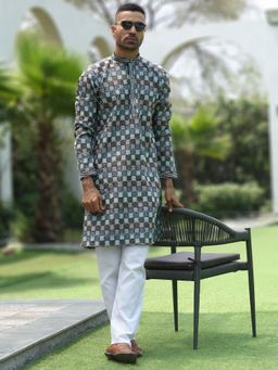 Kraft India - Blue Embroidered Regular Fit Kurta and Pyjama (Set of 2)