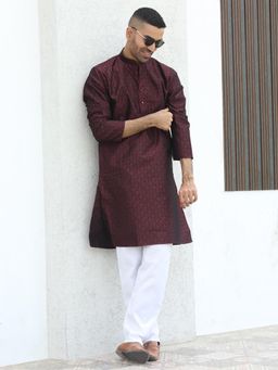 Kraft India - Wine Woven Regular Fit Kurta and Pyjama (Set of 2)