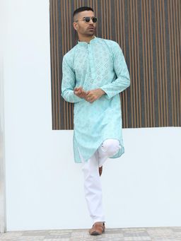Kraft India - Turquoise Self Design Regular Fit Kurta and Pyjama (Set of 2)