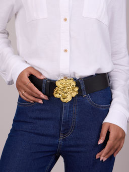 Pipa Bella by Nykaa Fashion - Black Flower Motif Gold Buckle Jeans Belt