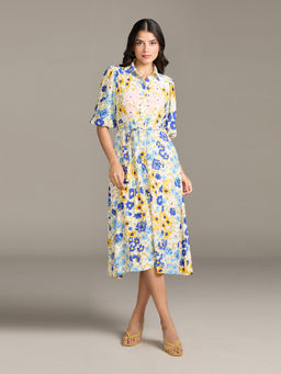 Twenty Dresses by Nykaa Fashion - Multi-Color Floral Puff Sleeves Collar Midi Dress with Belt (Set of 2)