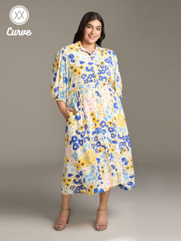 Twenty Dresses by Nykaa Fashion - Curve Multi-Color Floral Puff Sleeves Midi Dress with Belt (Set of 2)