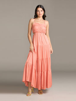 Twenty Dresses by Nykaa Fashion - Coral Solid Strappy Tiered Gown