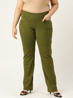 theRebelinme - Plus Size Women Olive Green Solid Color High Rise Knitted Trousers