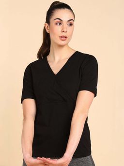 Zelena - Women Cotton Half Sleeves Zipless Breastfeeding V Neck Top in Black