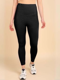 Zelena - Women Cotton Knee Length High Waisted Maternity Leggings in Black