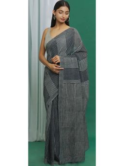 Banana Labs - Black Cotton Striped Saree Without Blouse