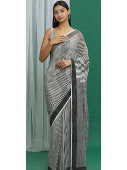 Banana Labs - Black Cotton Stripe Print Handcrafted Saree without blouse