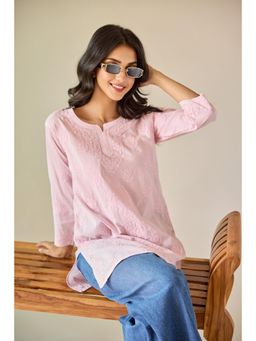 Old Marigold - Ekta Cotton Hand Embroidered Short Chikankari Pink Kurti