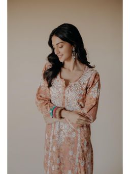 Old Marigold - Lana Mulmul Chikankari Floral Peach Kurta