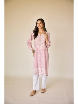 Old Marigold - Noura Muslin Hand Embroidered Chikankari Pink Kurta