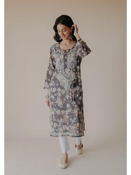 Old Marigold - Ruhi Mulmul Chikankari Floral Grey Kurta