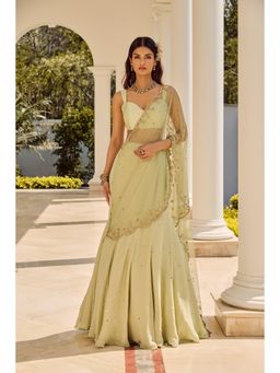 PARUL GANDHI - Soft Green Sage Pre-Draped Saree With Stitched Blouse