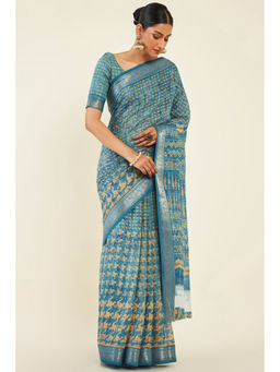 Soch - Women Turquoise Cotton Abstract Saree with Unstitched