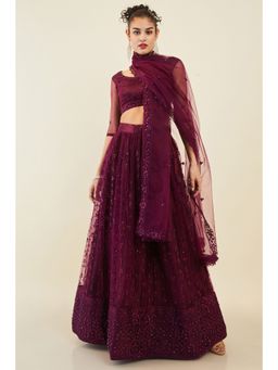 Soch - Women Wine Net Embroidered Unstiched Lehenga with Sequins (Set of 3)