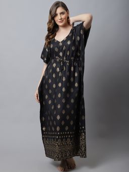 Secret Wish - Black Printed Cotton Kaftan Nighty