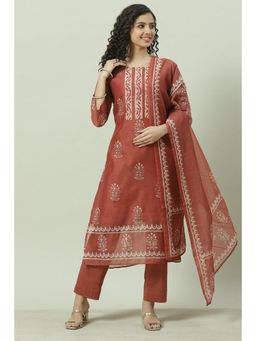 Biba - Brown Chanderi Unstitched Suit (Set of 3)