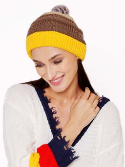 Bharatasya - Chunky Cable Fine Knit Beanie with Playful Pom Pom Yellow