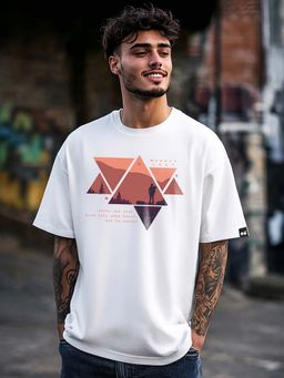 Bewakoof - Men's White Wander Geometry Graphic Printed Oversized T-shirt