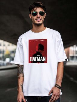 Bewakoof - Official DC Men's White Batman Poster Graphic Printed Oversized T-shirt