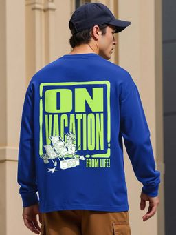 Bewakoof - Official Garfield Men's Blue On Vacation Graphic Printed Oversized T-shirt