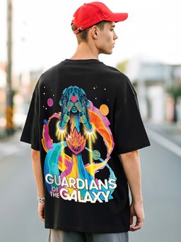 Bewakoof - Official Marvel Men's Black Galaxy Ship Graphic Printed Oversized T-shirt