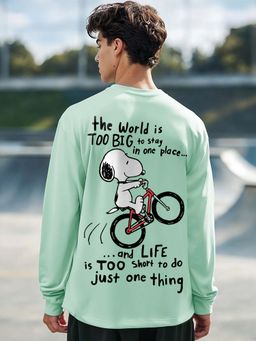 Bewakoof - Official Peanuts Men's Green Move On Graphic Printed Oversized T-shirt